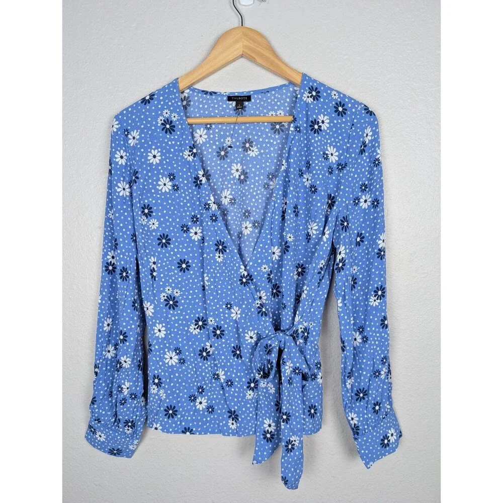 Talbots‎ Blue Floral Wrap Top Poet Sleeve Blouse Small